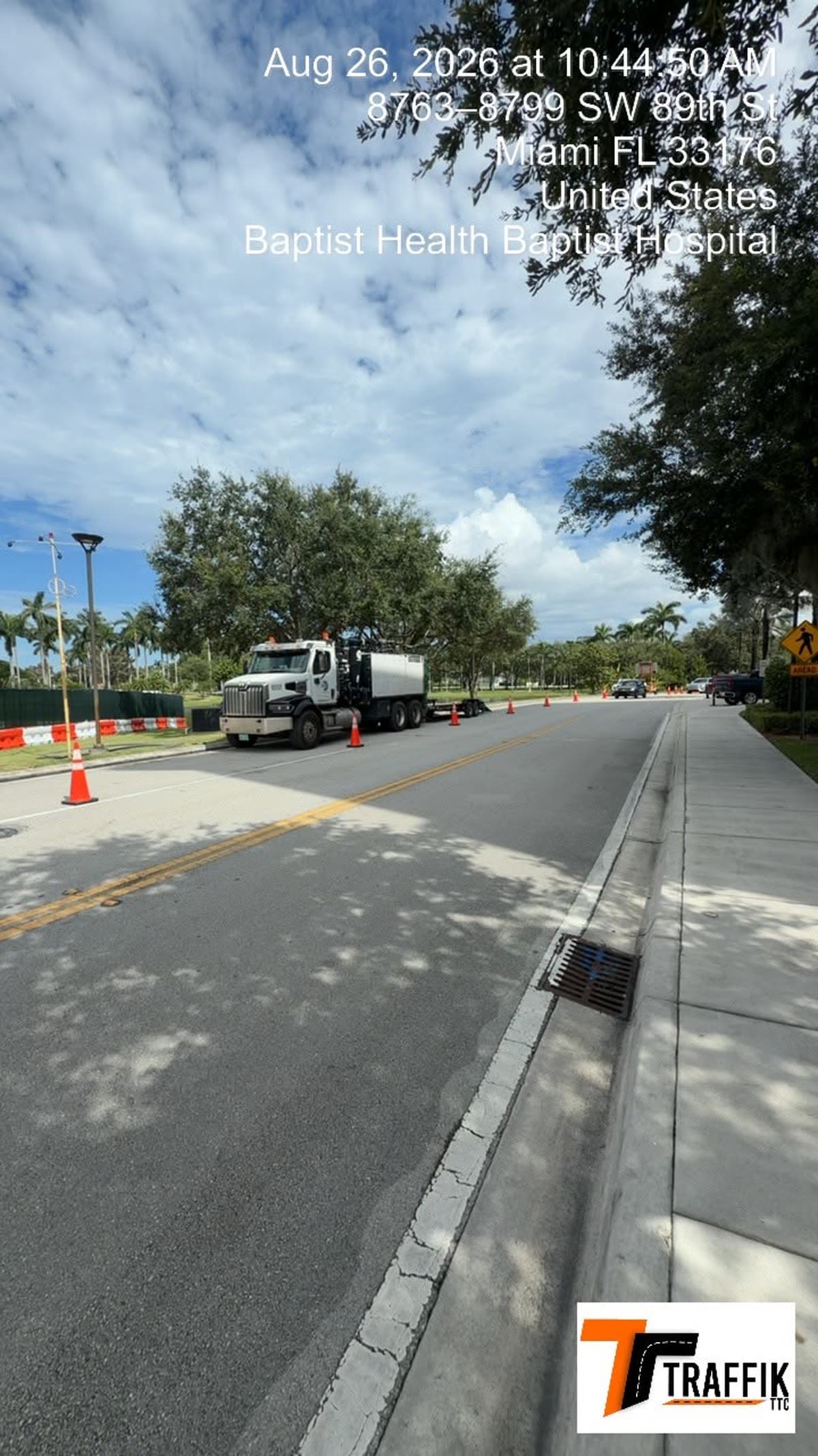 Active Traffik TTC work zone in Miami, Florida, with cones and a traffic control truck on site